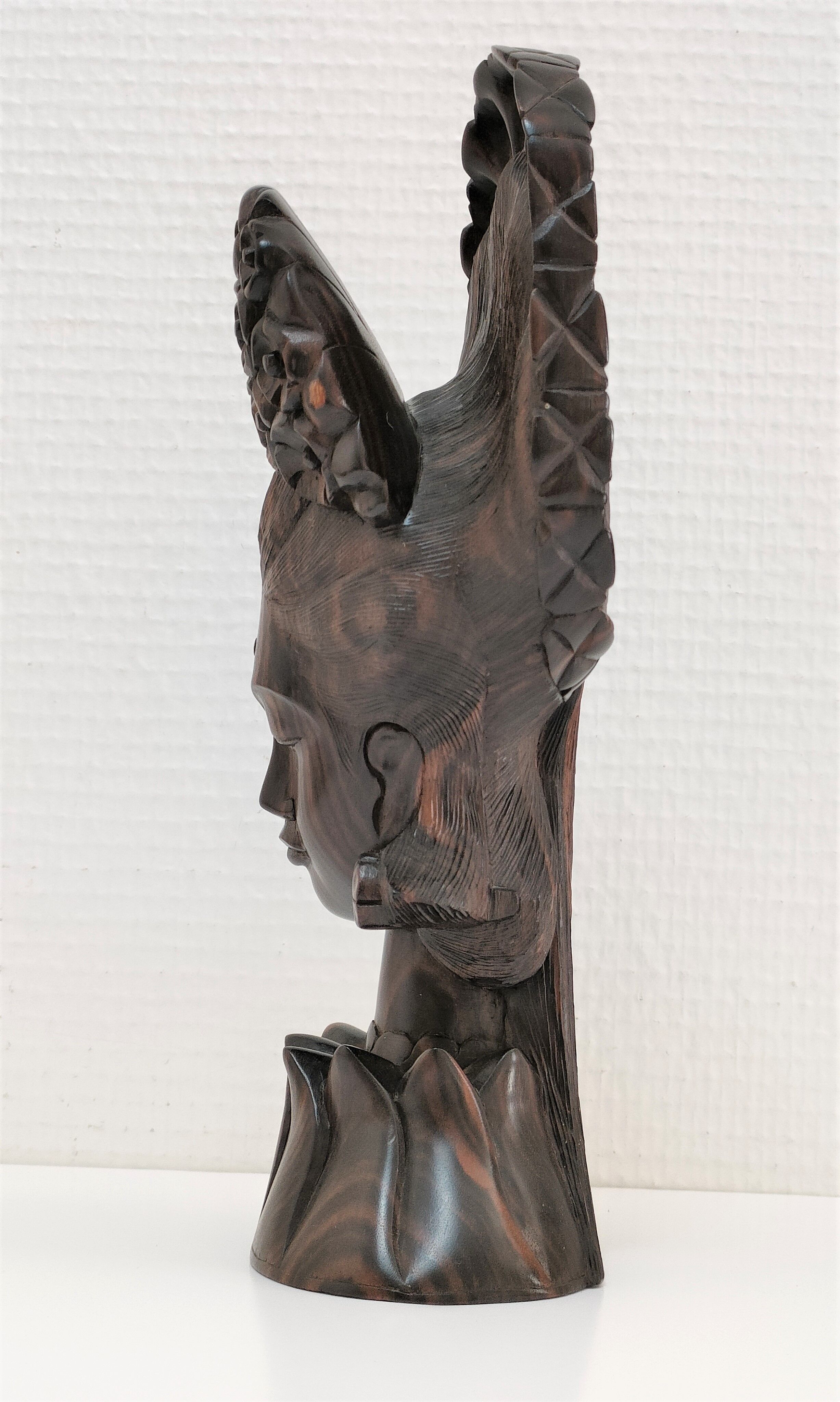 Wooden bust of woman with floral headdress sculptural work of the 60s-70s