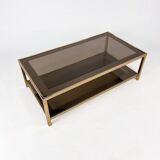 Table basse Belgo Chrome en laiton et verre fumé miroir, années 1970