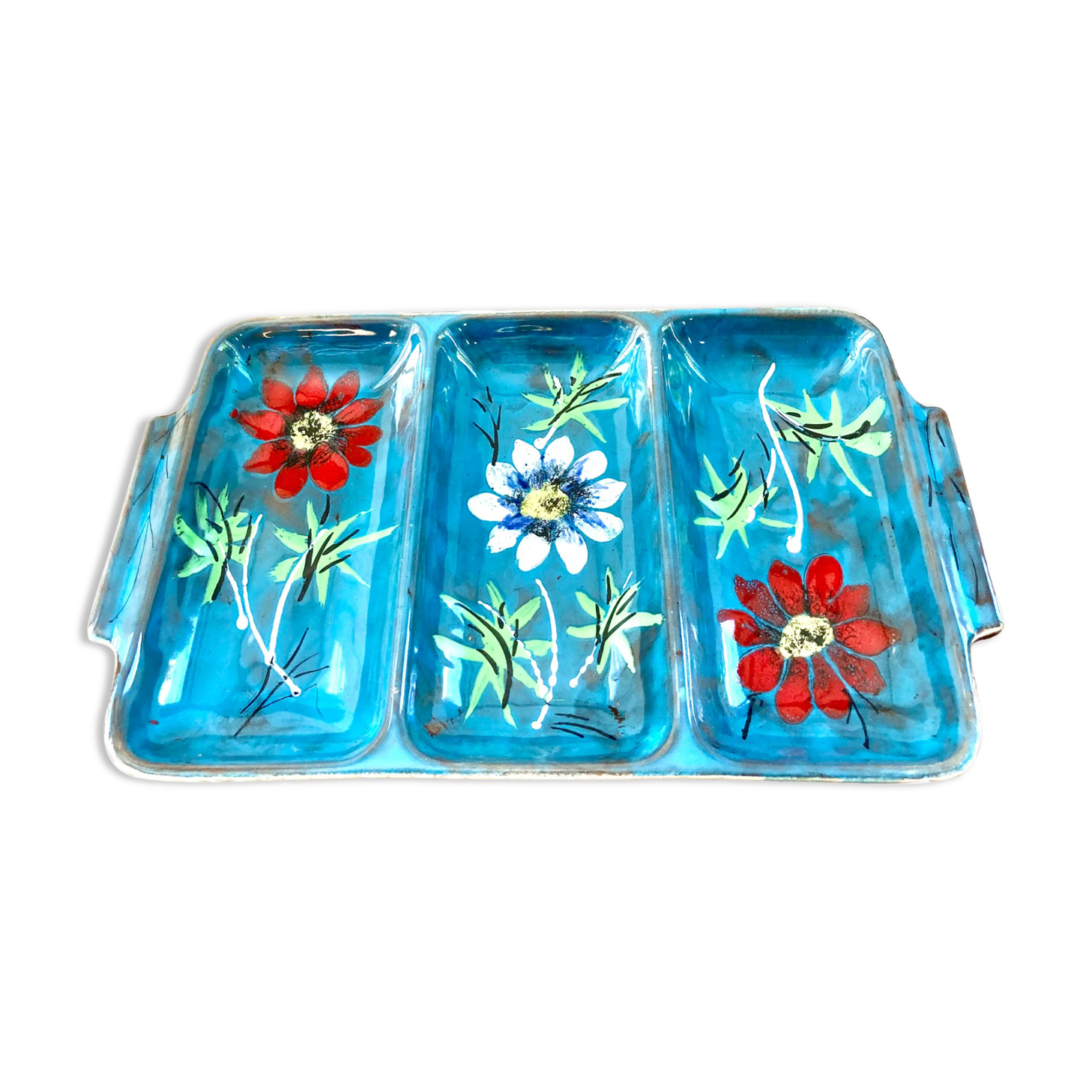 Glazed ceramic dish with flowers 50s