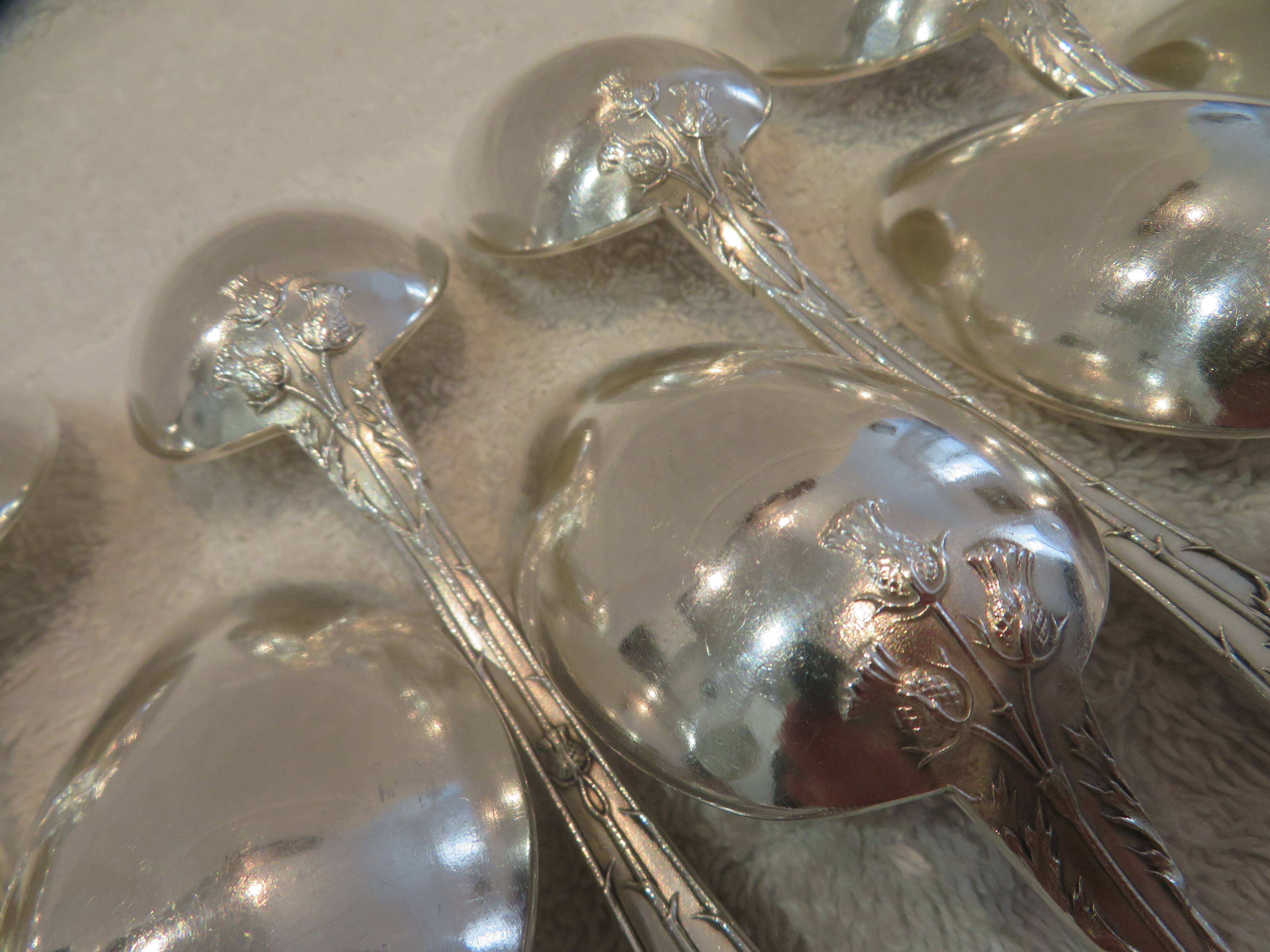 12 silver plated soup spoons by Boulenger, Art Nouveau Chardons