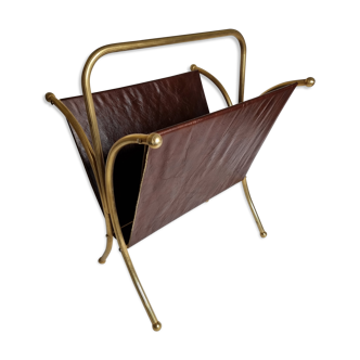 Porte revues vintage et laiton doré et cuir