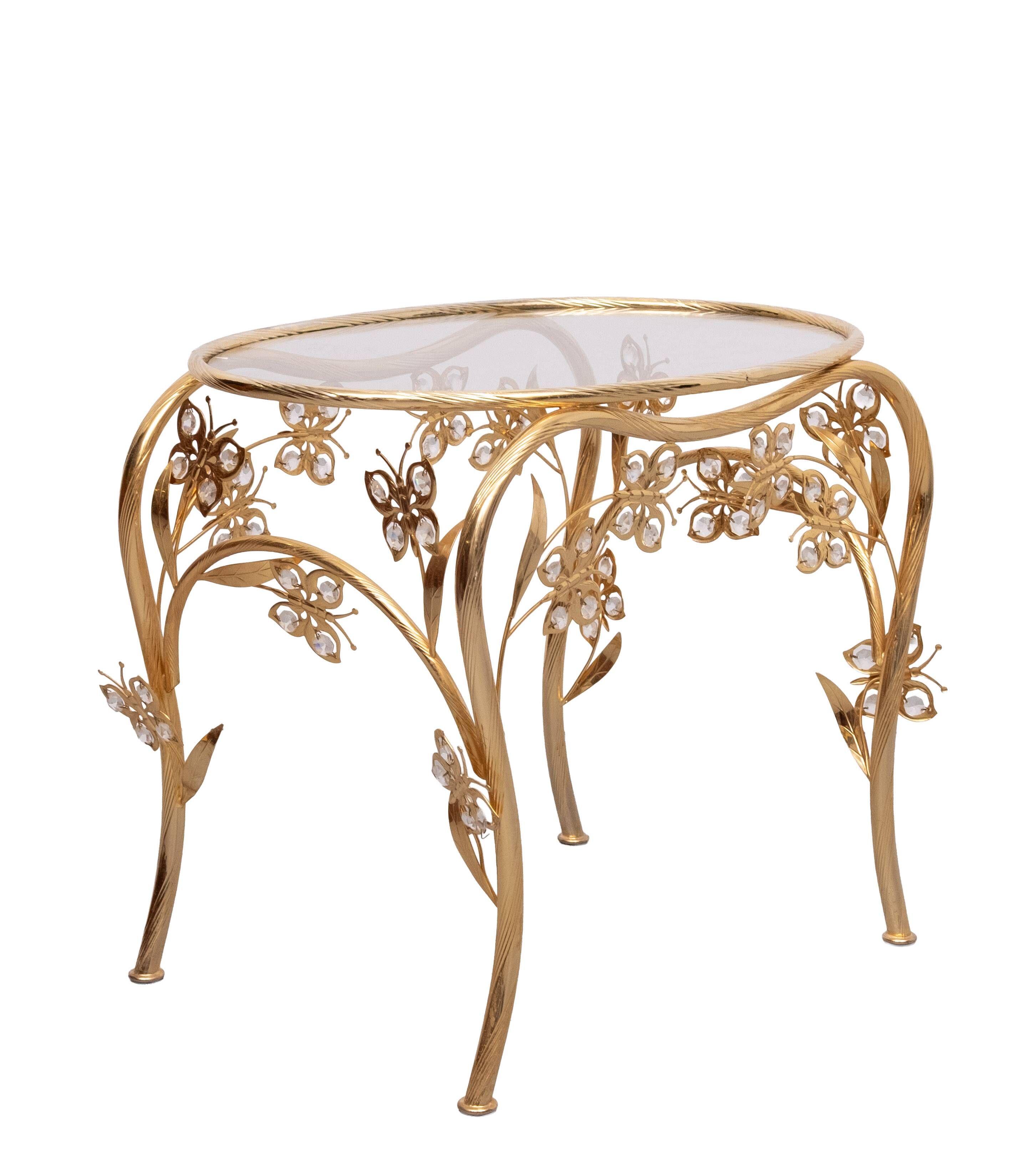 Butterfly brass and Crystal Oval shaped side Table Hollywood Regency 1980s