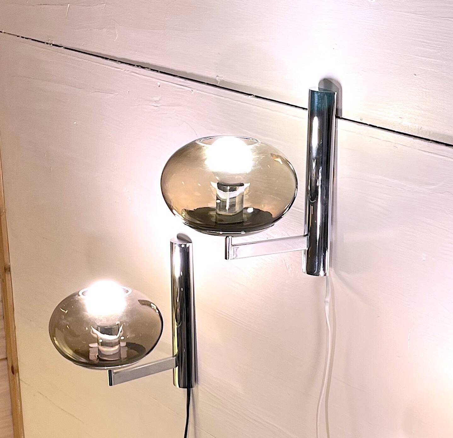 Sciolari, pair of chrome wall lights, smoked glass, Italy, 1970s