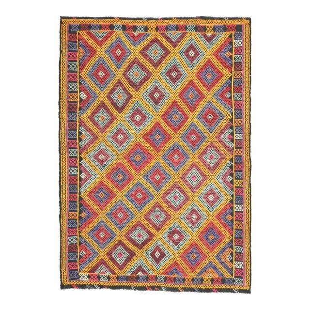 1970s Vintage Turkish Oushak Handmade Wool Cotton Red Area Rug 155x224