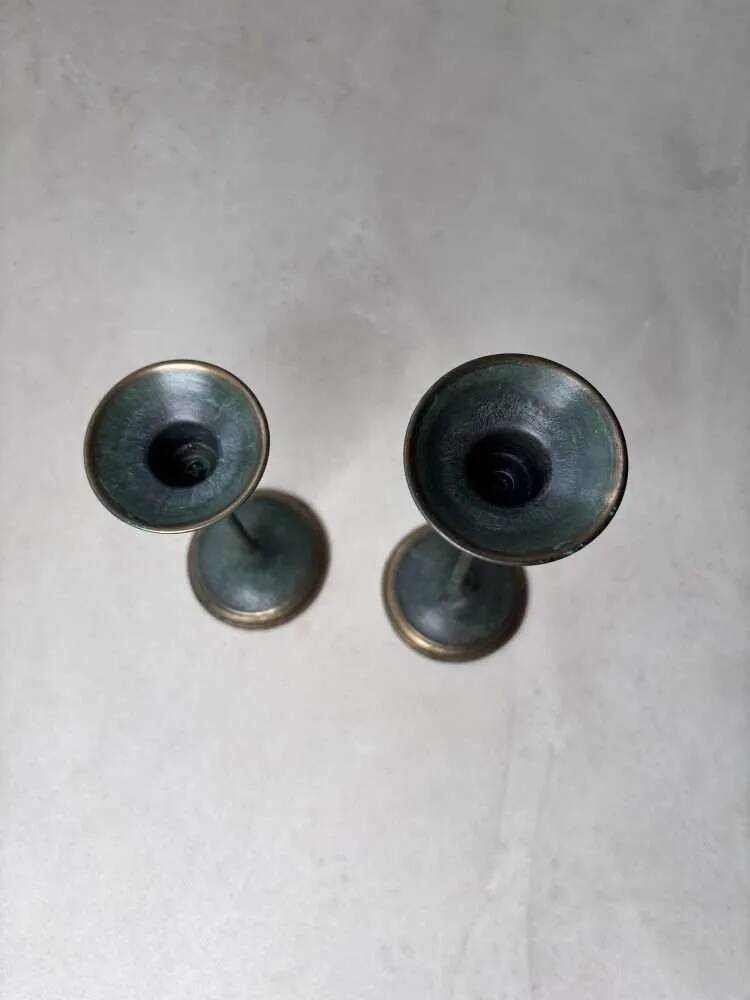 Set of two green bronze Italian candlesticks from the 1980s.