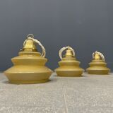 Vintage ocher glass hanging lamps with brass gallery