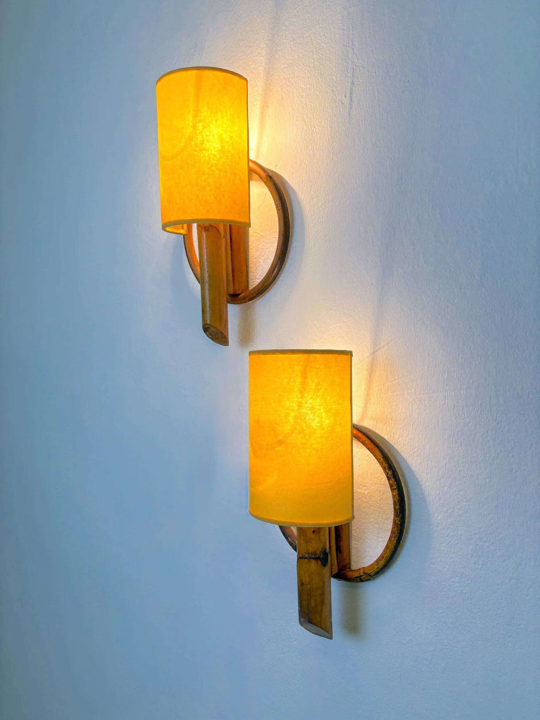 Pair of mid-century rattan wall sconces, Italy, 1960s