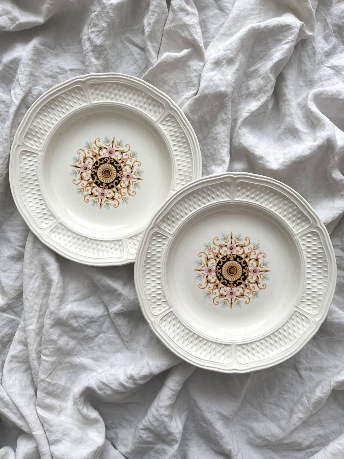 2 ivory “Pont aux Choux” soup plates, Gien earthenware