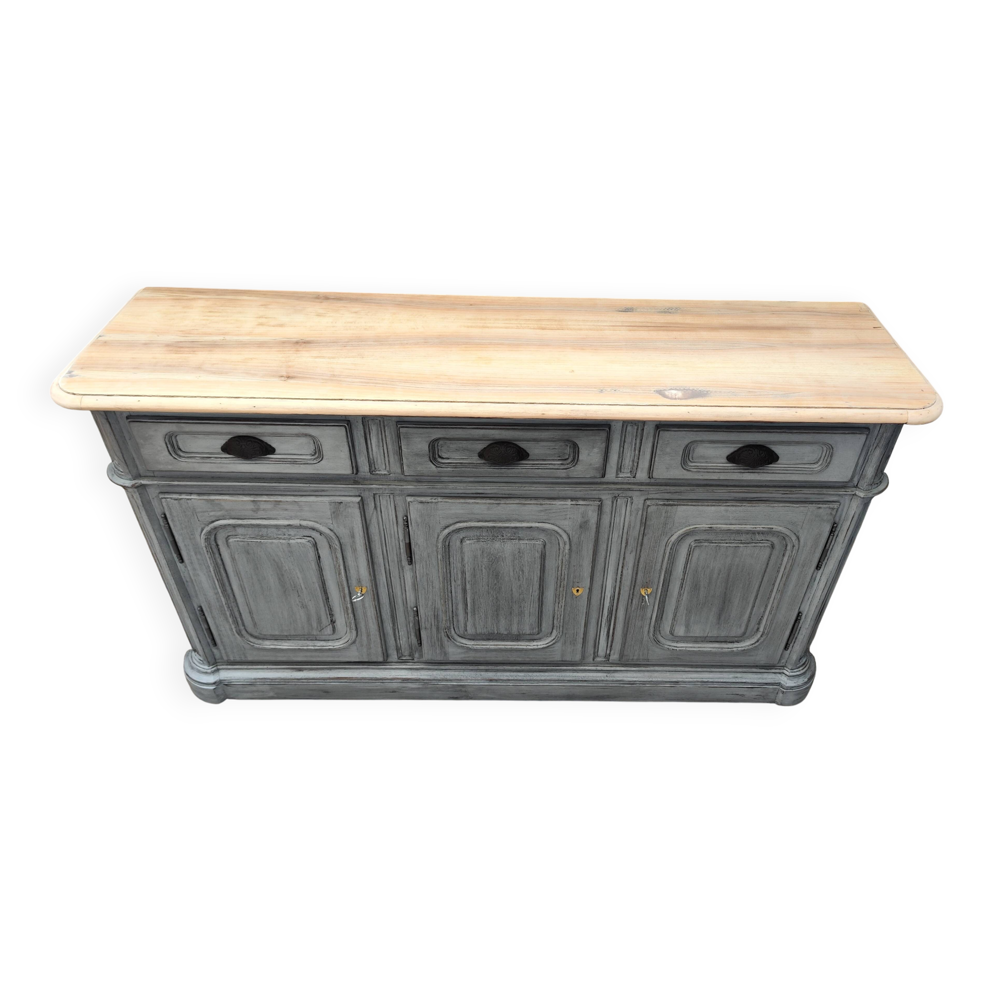 Grey patina furniture with three doors and three drawers