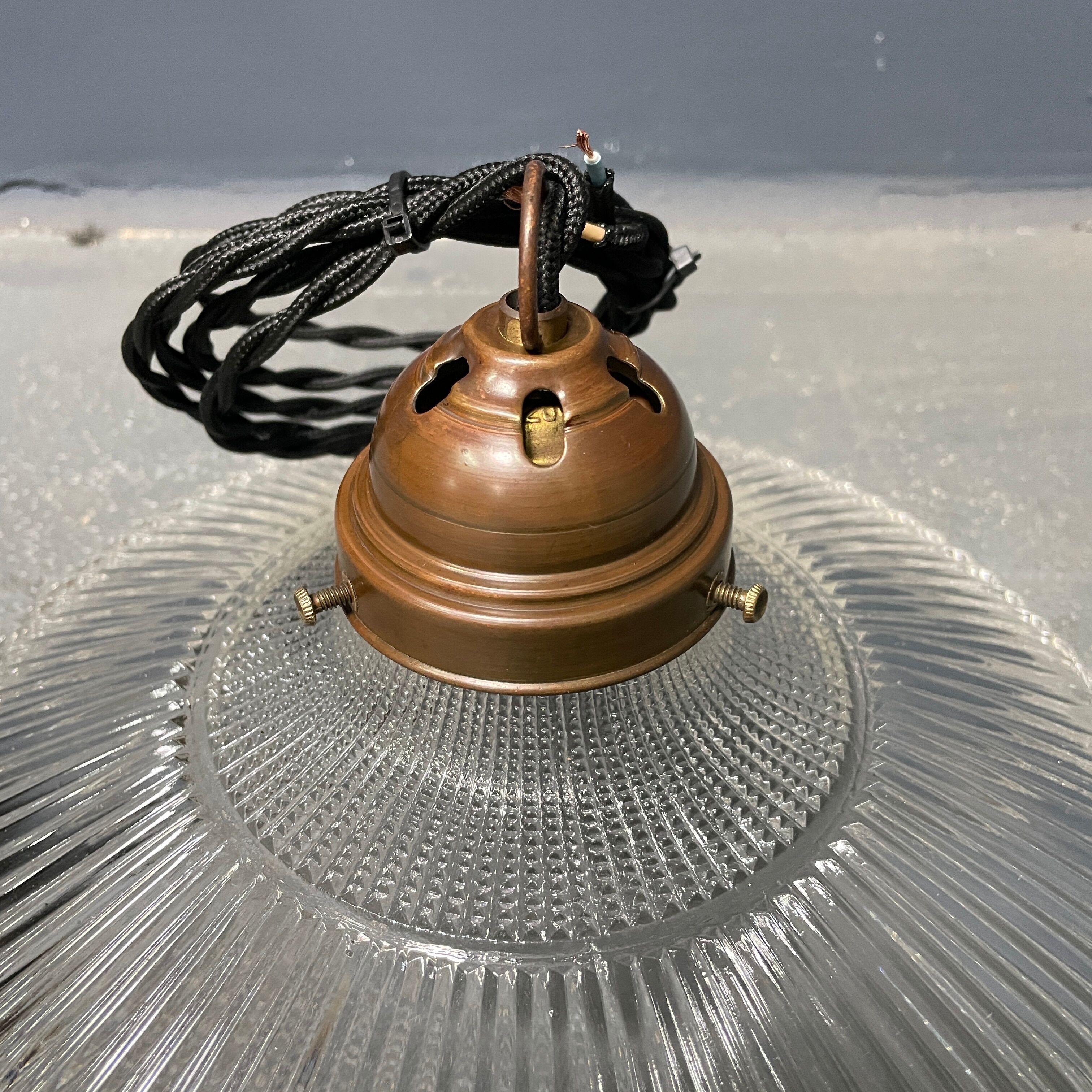 Glass holophane hangingor pendant lamp with brass gallery