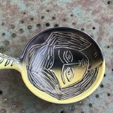 Bowl, pan with a female face engraved in enameled ceramic helene Ugo vallauris vintage