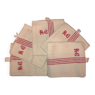 set of 5 old RC embroidered kitchen towels with red stripes