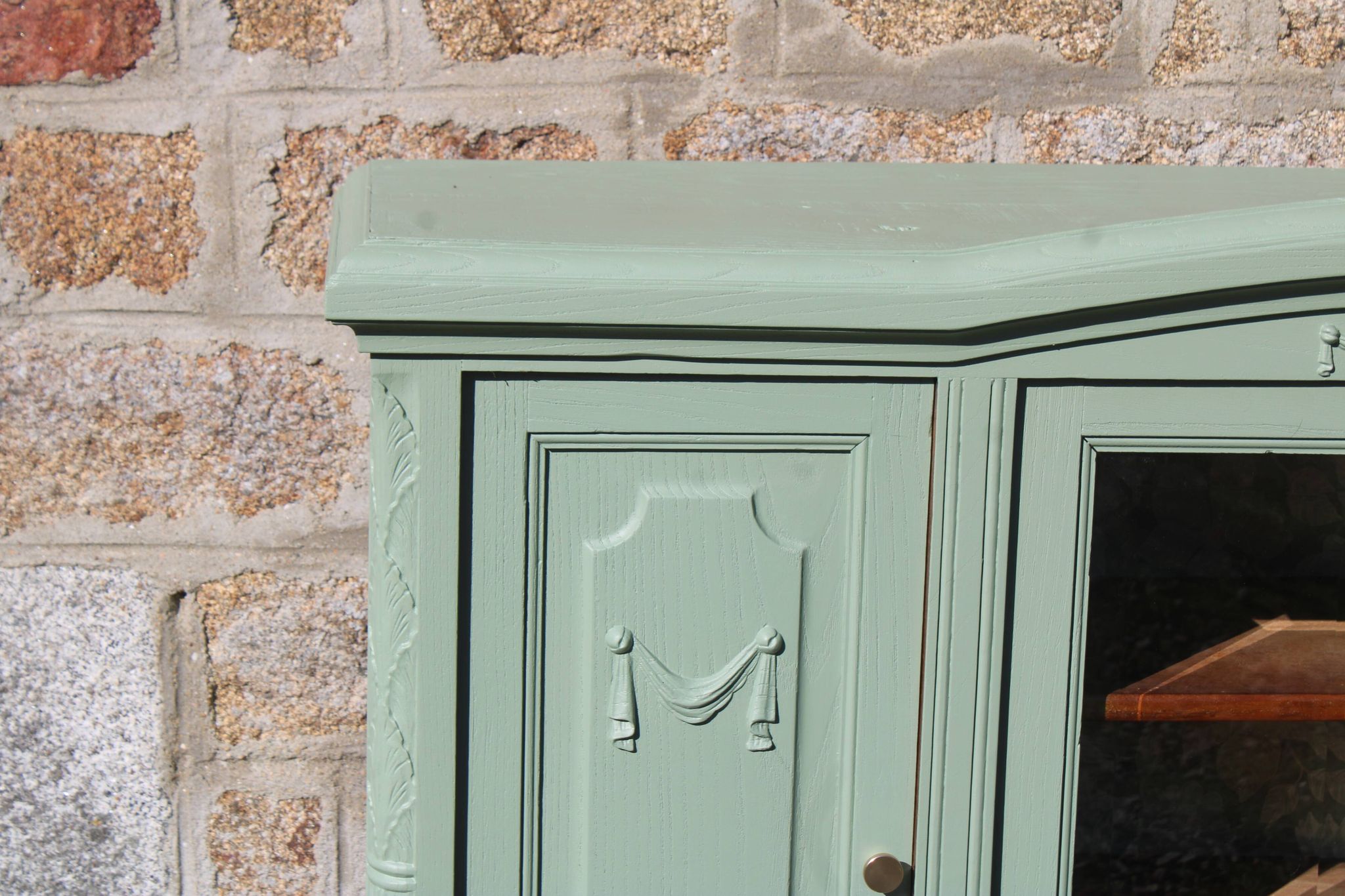 Renovated vintage sage green enfilade – wooden legs & bevelled display cabinets