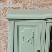 Renovated vintage sage green enfilade – wooden legs & bevelled display cabinets