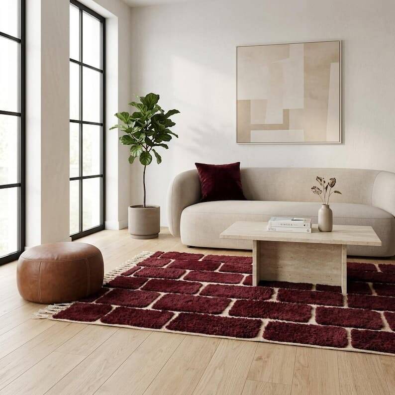 Beni Ouraine carpet in traditional custom-made wool, burgundy 1.5/2.5 m.