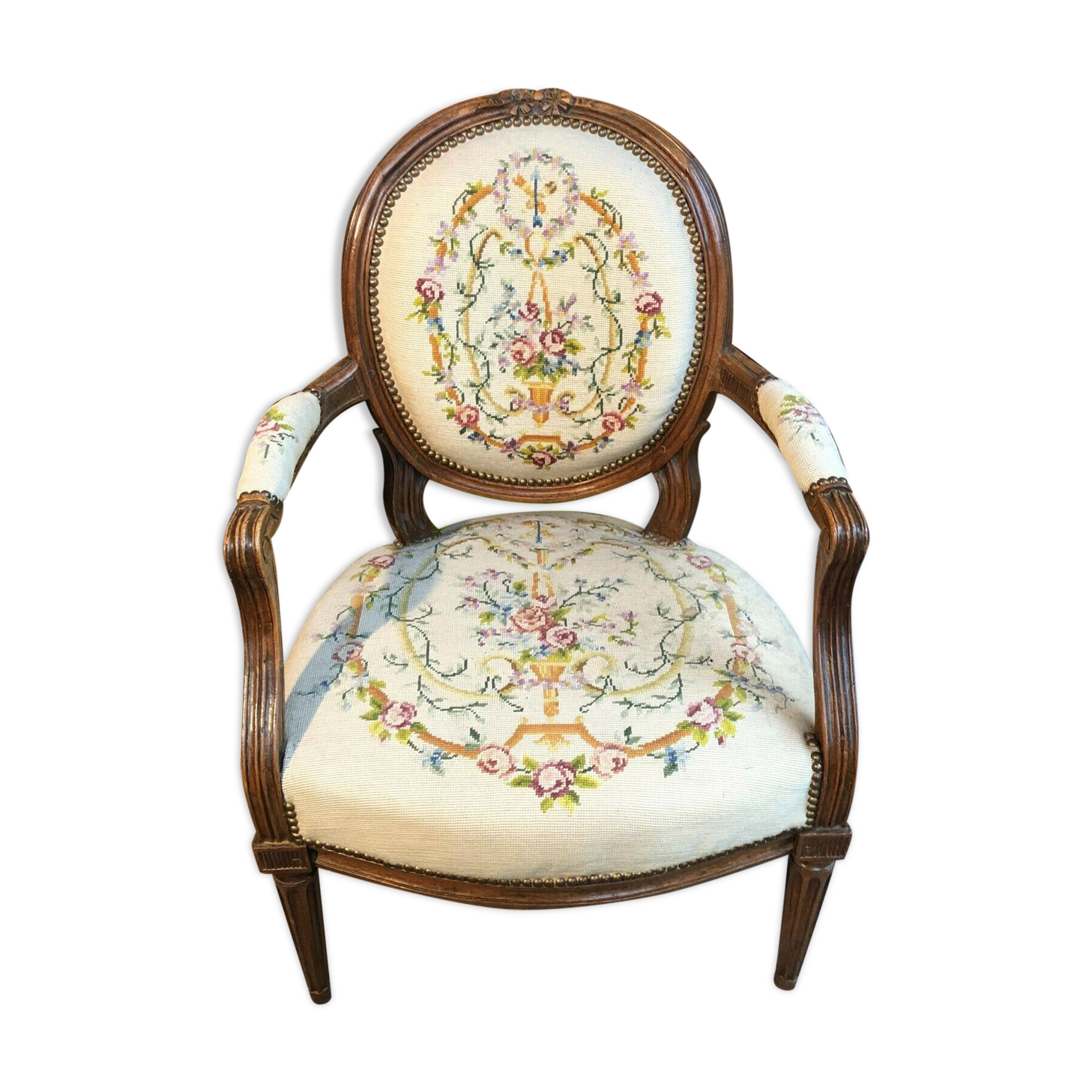 18th century Louis XVI medallion armchair covered with tapestry