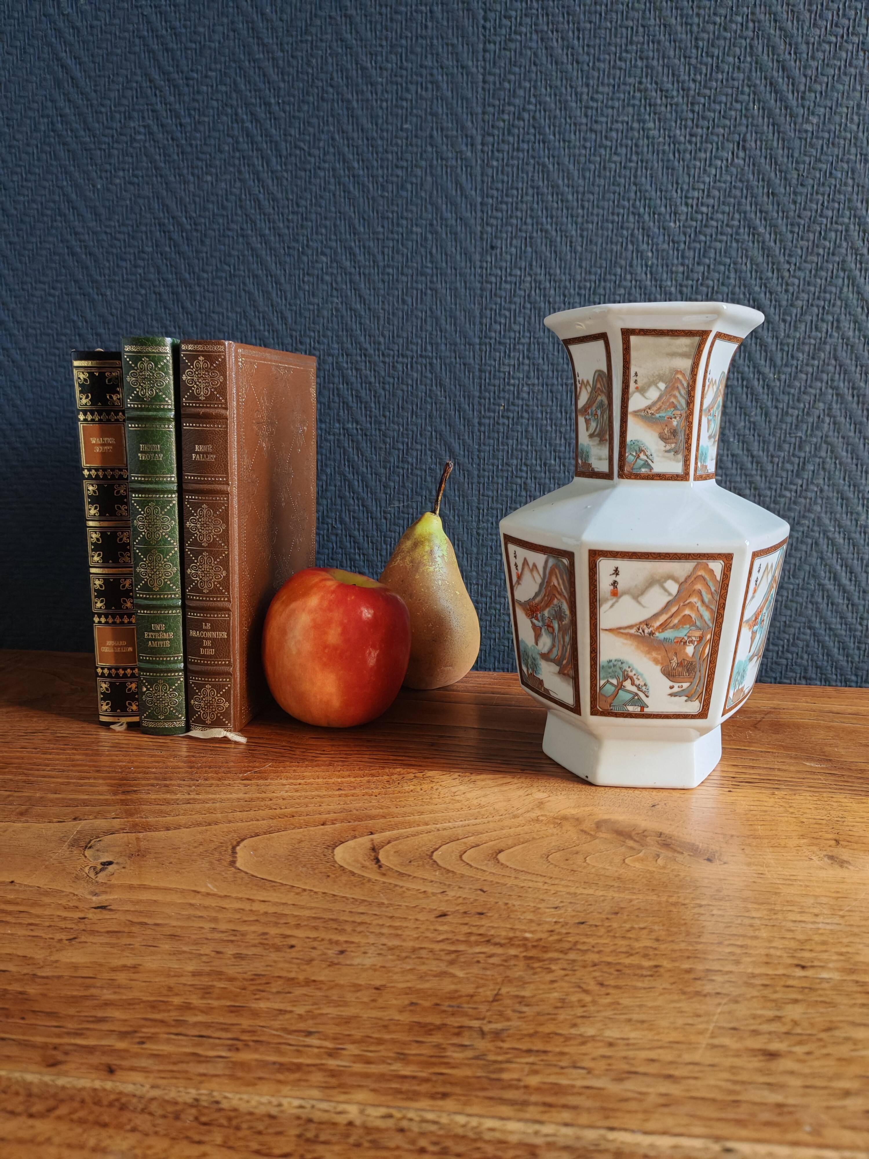 Vintage Hexagonal Japanese Porcelain Vase – Landscape Decoration