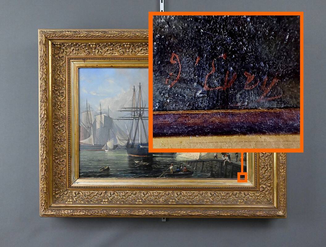 Tableau "Quay in Light", oil on panel, signed Jules d'Évry – Mid 19th century