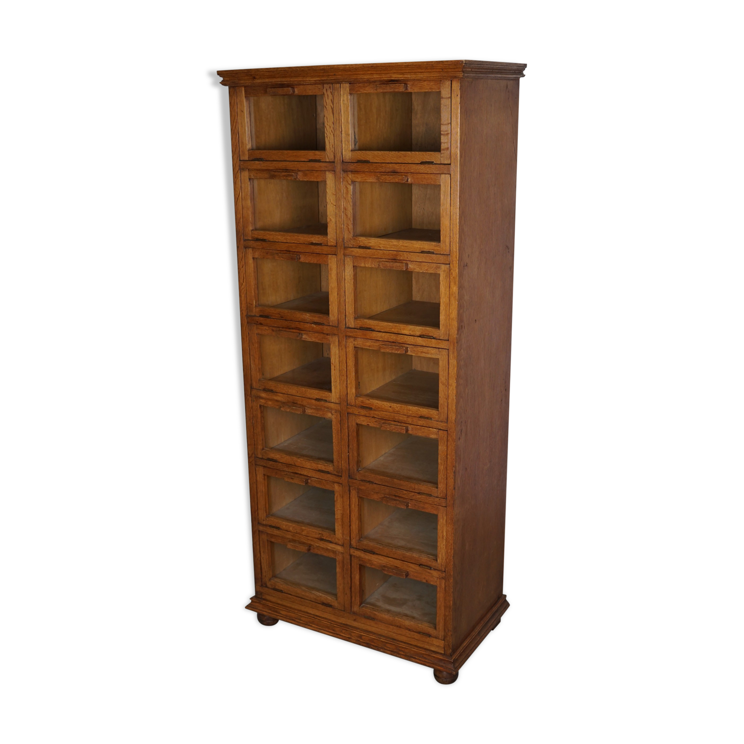 Vintage dutch oak haberdashery shop cabinet / vitrine drop down doors, 1930s