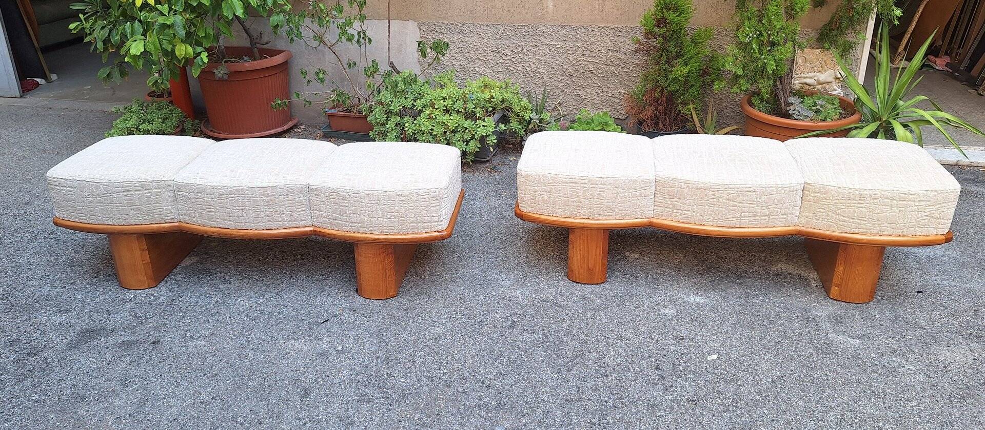 Three-Seater Benches in Sinuous Light Wood and Dedar Fabric, 2000s, Set of 2