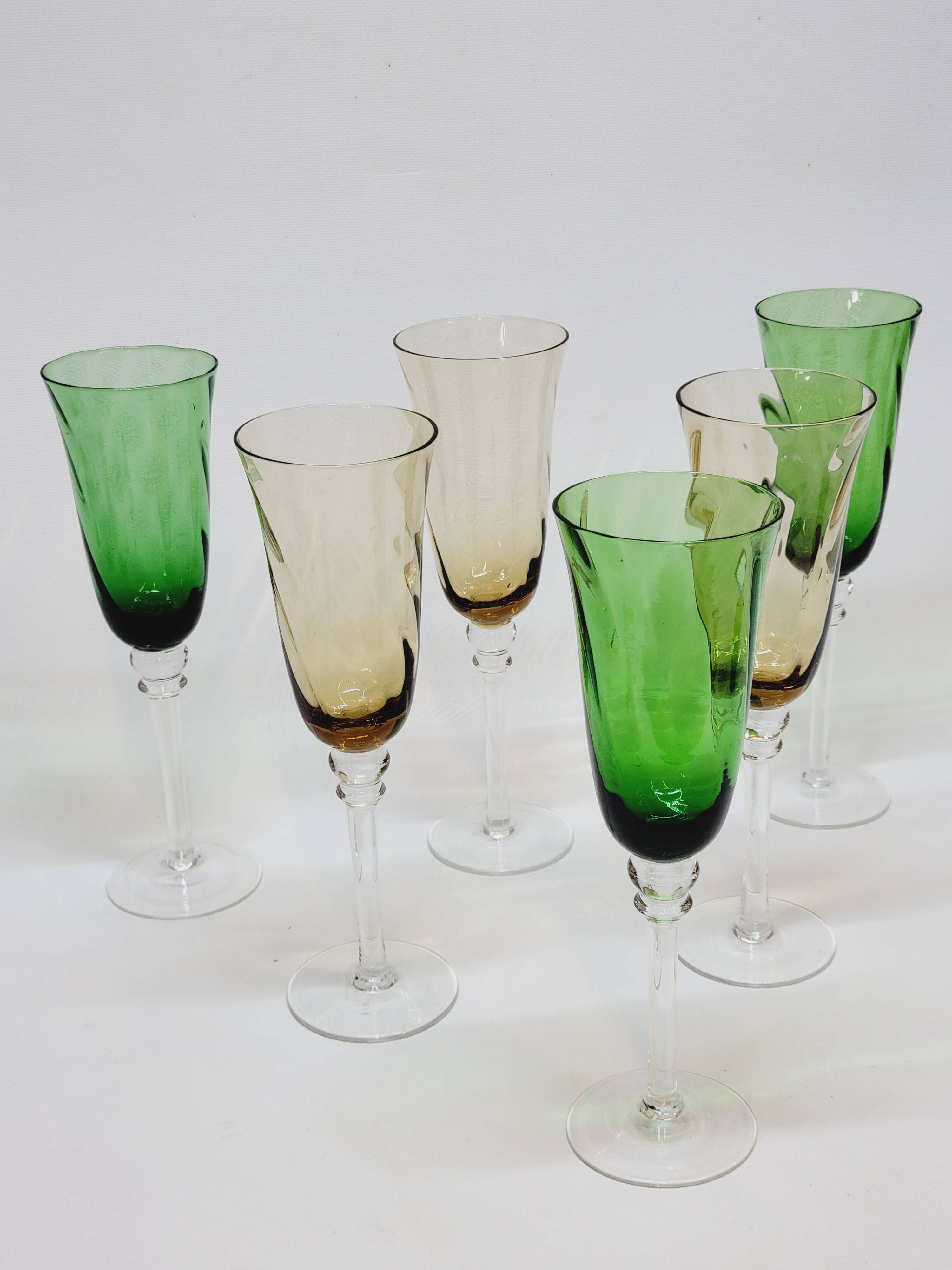 6 Champagne Flutes in Twisted Blown Glass 2 Colors Green and Amber