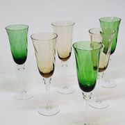 6 Champagne Flutes in Twisted Blown Glass 2 Colors Green and Amber