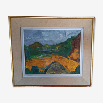 Tableau ancien, huile sur toile des années 1950, pont sur fond de montagnes méditerranéennes