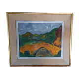 Old painting, oil on canvas from the 1950s, bridge against the backdrop of Mediterranean mountains