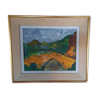 Old painting, oil on canvas from the 1950s, bridge against the backdrop of Mediterranean mountains