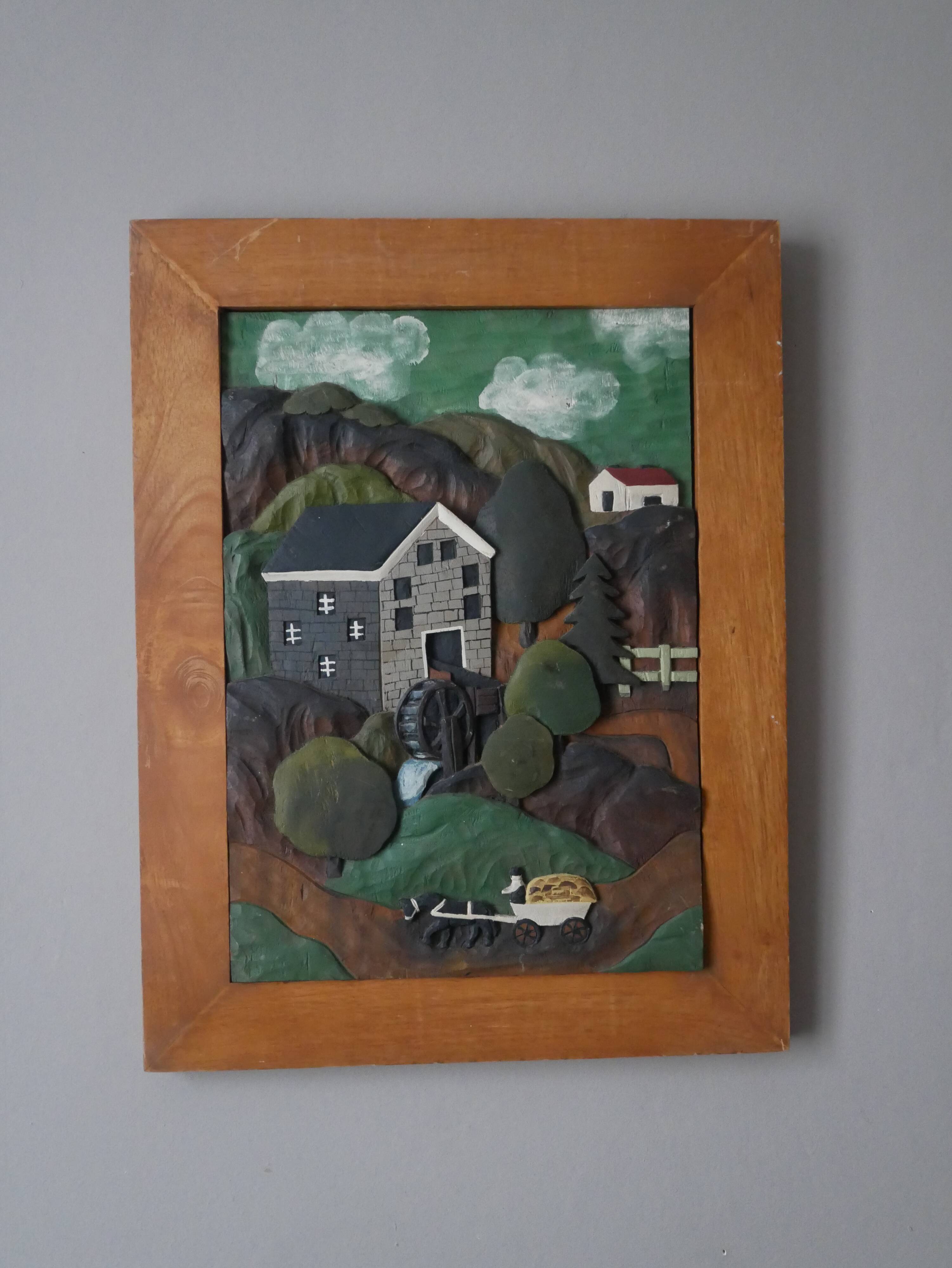 Naïve Art Painting in Handcrafted Wood Decorative Frame for Child Boy Mountain Landscape