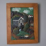 Naïve Art Painting in Handcrafted Wood Decorative Frame for Child Boy Mountain Landscape