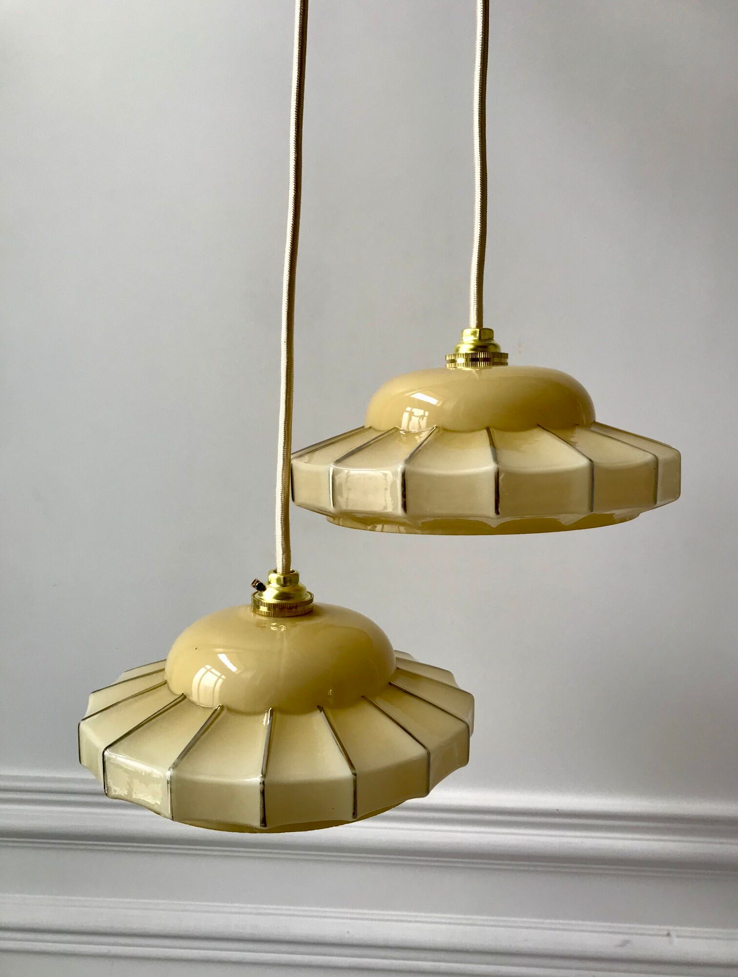 Pair of suspensions in opaline glass cream and silver border art deco 30s