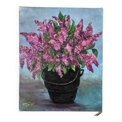 Tableau huile sur toile bouquet de fleurs lilas vintage signée