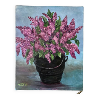 Tableau huile sur toile bouquet de fleurs lilas vintage signée