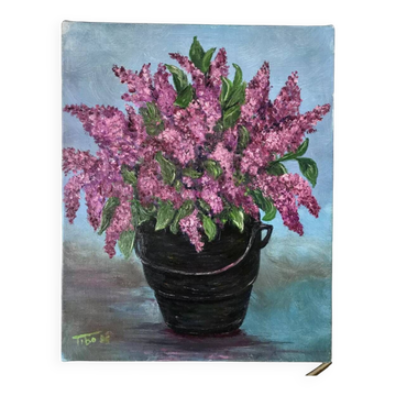 Oil painting on canvas bouquet of vintage lilac flowers signed