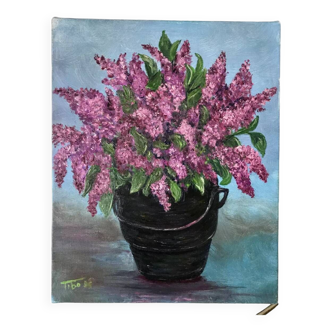 Oil painting on canvas bouquet of vintage lilac flowers signed