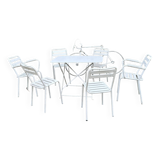 Garden furniture in wrought iron and wooden slats composed of two armchairs, 4 chairs and a table.
