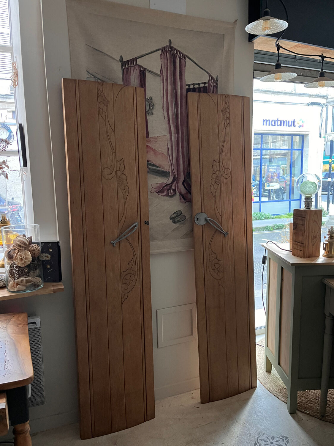Vintage Art Deco duo of doors Rose and Daisy solid oak wood