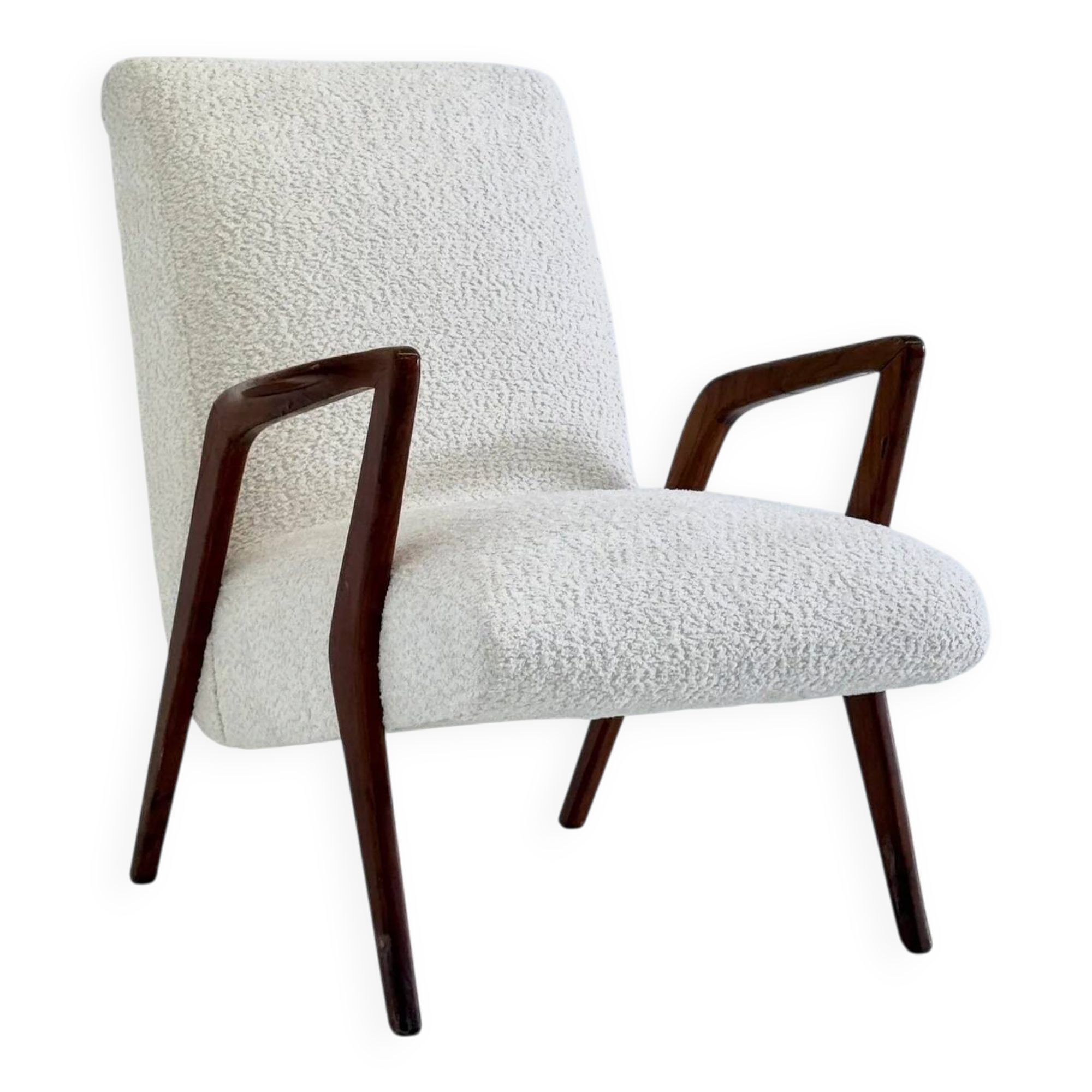 Italian mid-century lounge chair in cherry wood with white bouclé