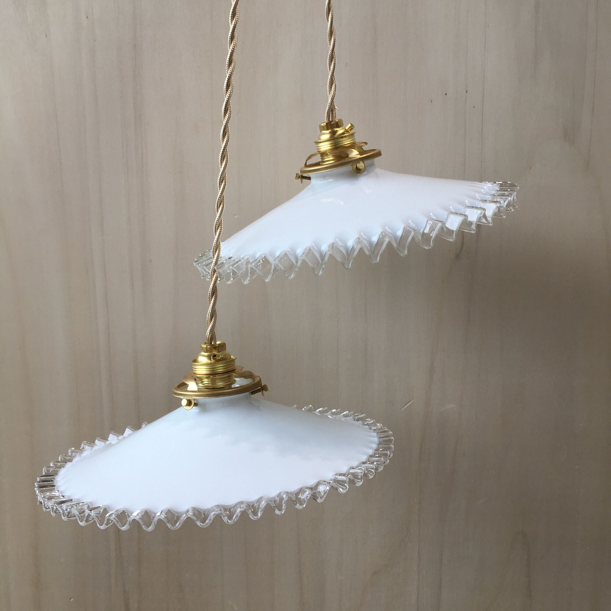 Pair of vintage white opaline pendant lamps and transparent serrated edges