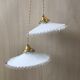 Pair of vintage white opaline pendant lamps and transparent serrated edges