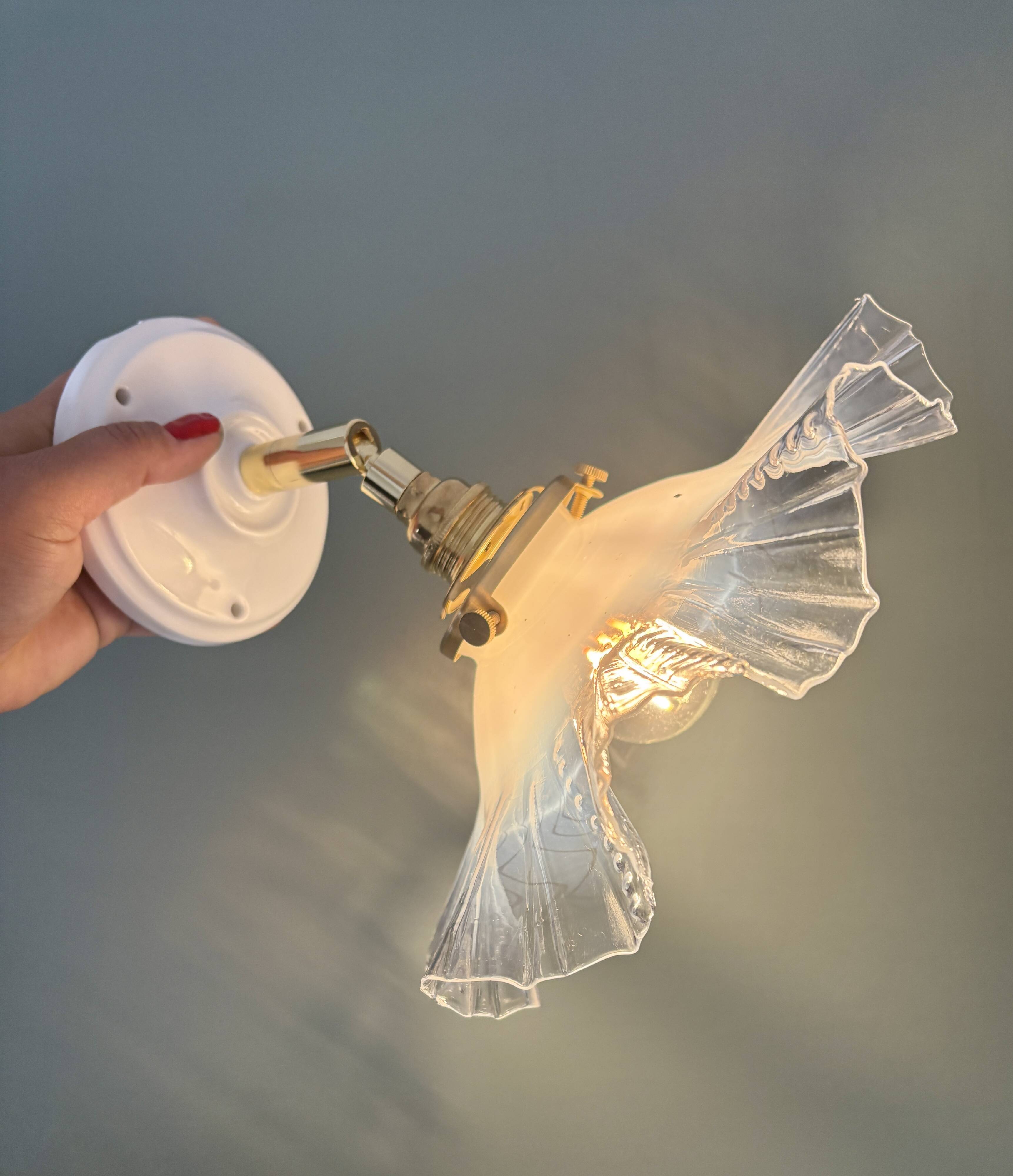 Applique abat-jour vintage en verre blanc et transparent