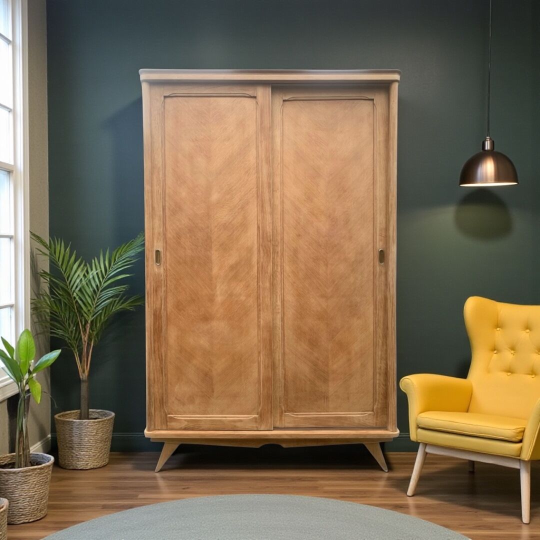 Vintage wardrobe with compass legs in raw wood, sliding doors, 1960s