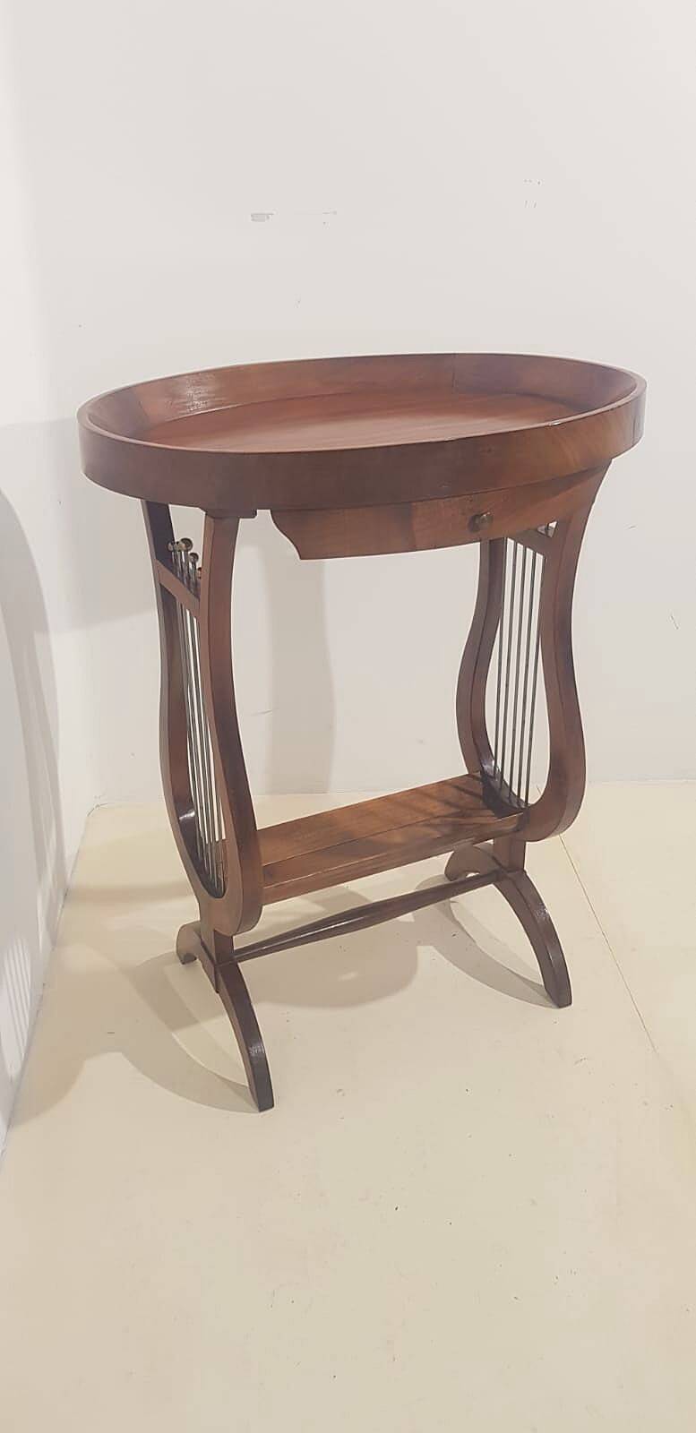 Vintage French Side Table with Lyre-Shaped Legs and Oval Tray Top