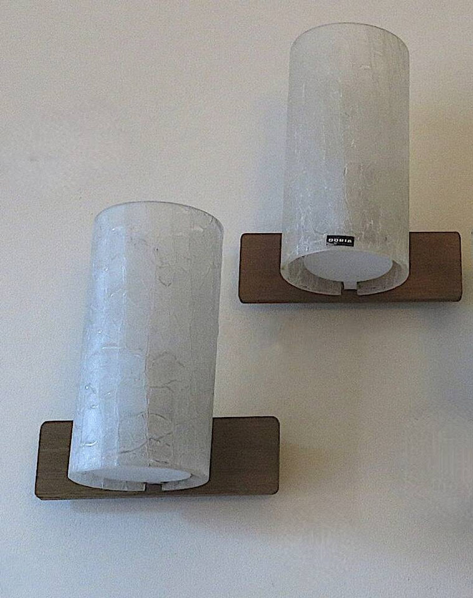 Pair of Doria crackled frosted glass and teak wall lights, 1960s