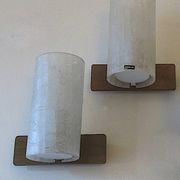 Pair of Doria crackled frosted glass and teak wall lights, 1960s