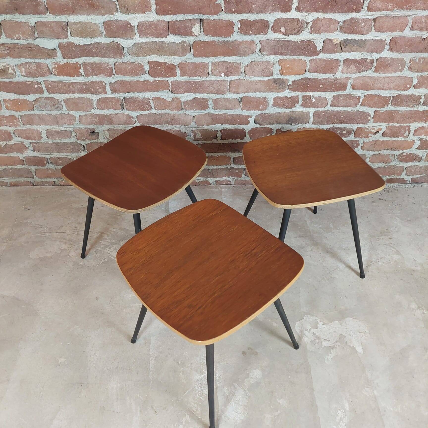 Three stools, teak and steel, Denmark 1950s