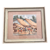 Aquarelle ancienne - Scène de Marché - École d'Indochine v. 1950