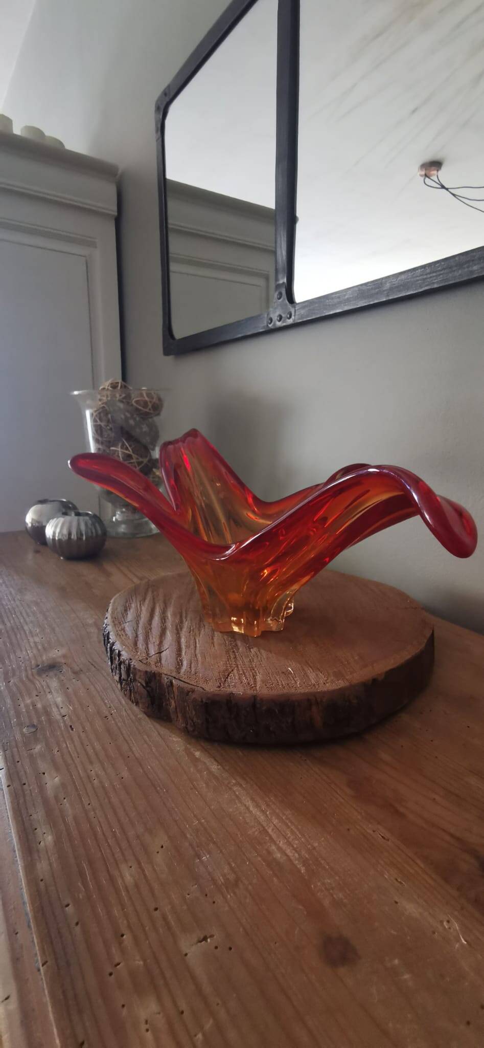 Large orange-red blown glass bowl