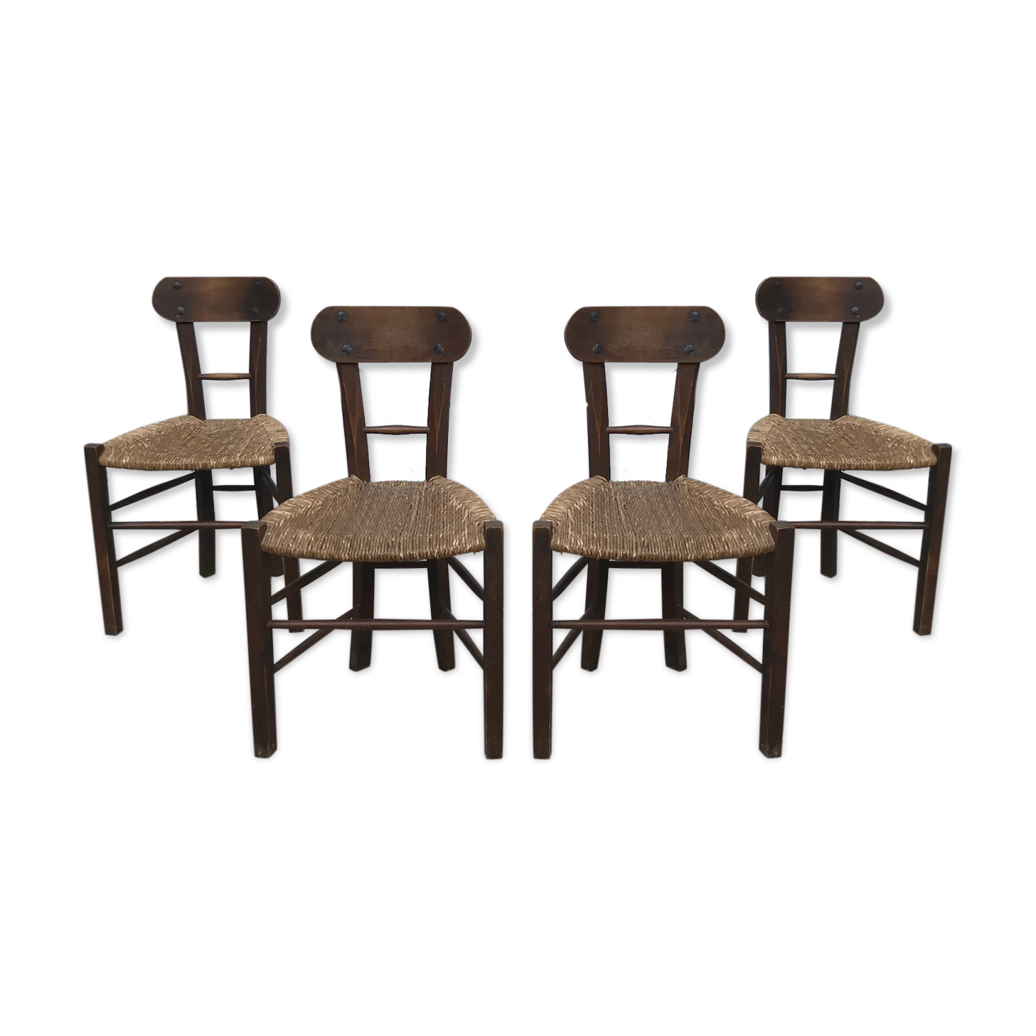 Set of 4 brutalist chairs wood and rope, popular art